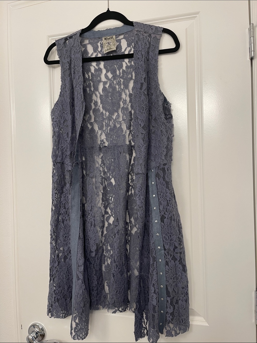 Vocal Lace Longline Open Vest in Dusty Blue-Gray